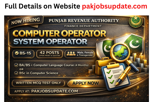 Punjab Revenue Authority Computer Operator Jobs 2025 Under PPSC (BS-15)